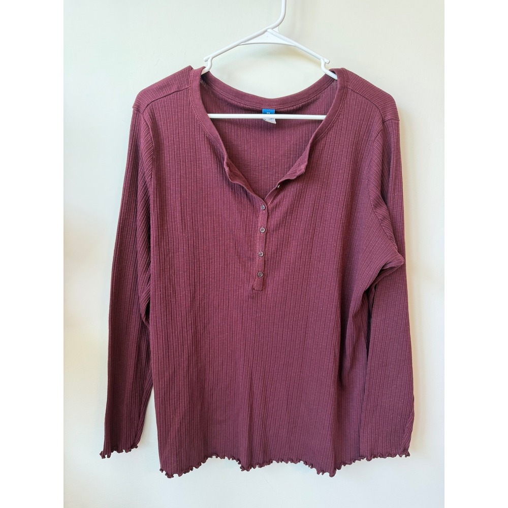 Old Navy Womens 2X Henley Top Burgundy Ribbed Long Sleeve Lettuce Edge Maroon